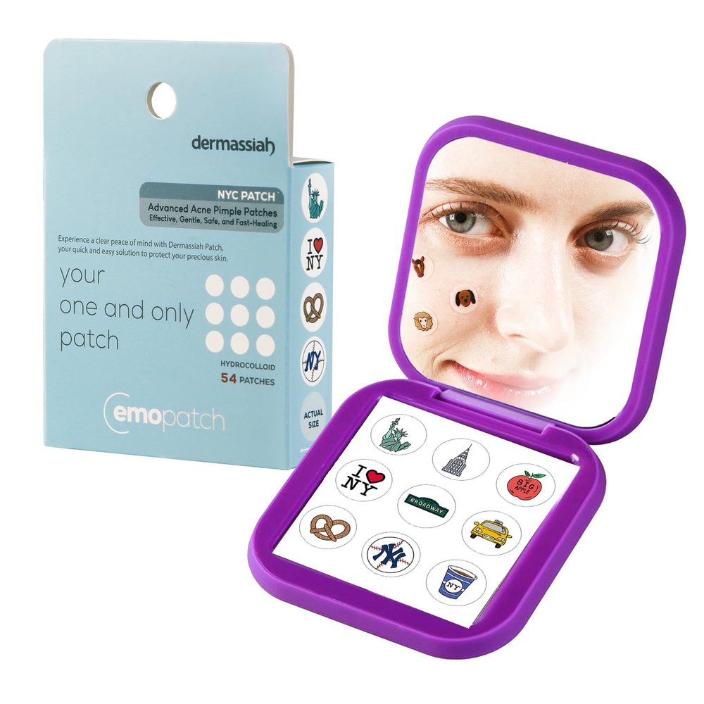 EMO PATCH Acne Pimple Patches for Face 54 Count with Mirror Case for Day & Night Use - Hydrocolloid Pimple Pads, Emoji-Themed Blemish Dots, Clear Skin Treatment (New York)