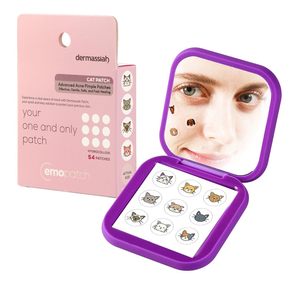 EMO PATCH Acne Pimple Patches for Face 54 Count with Mirror Case for Day & Night Use - Hydrocolloid Pimple Pads, Emoji-Themed Blemish Dots, Clear Skin Treatment (Cat)