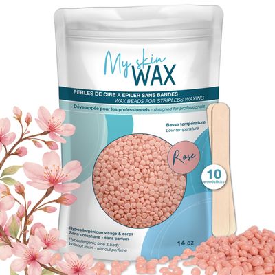 My skin WAX Hard Wax Beads Refill Bag for Hair Removal, 0.88 lb, Hypoallergenic & Rosin-Free Stripless Wax for Sensitive Skin, Coarse Hair, Bikini Brazilian, Face, Underarms, Legs, Chest Rose