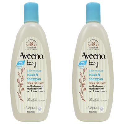 Johnson & Johnson Aveeno Baby Daily Moisture Wash & Shampoo - Natural Oat Extract, Lightly Scented, Hypoallergenic & Tear-Free - 8 fl oz (Pack of 2)
