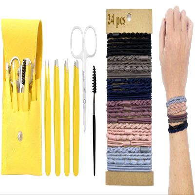 6 PCS Eyebrow Tweezers Set with PU Case and 24 pcs Boho Chic Bracelet Hair Ties Set