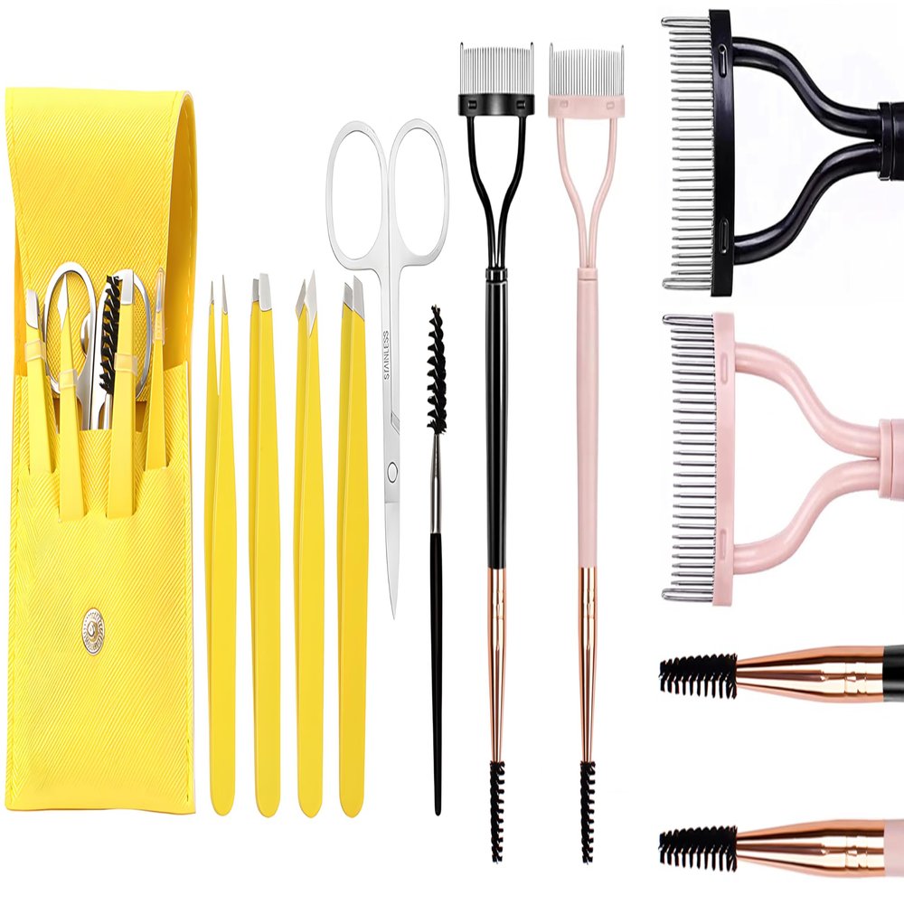 6 PCS Eyebrow Tweezers Set with PU Case and2-Pack Eyelash Separator Comb with adjustable brush