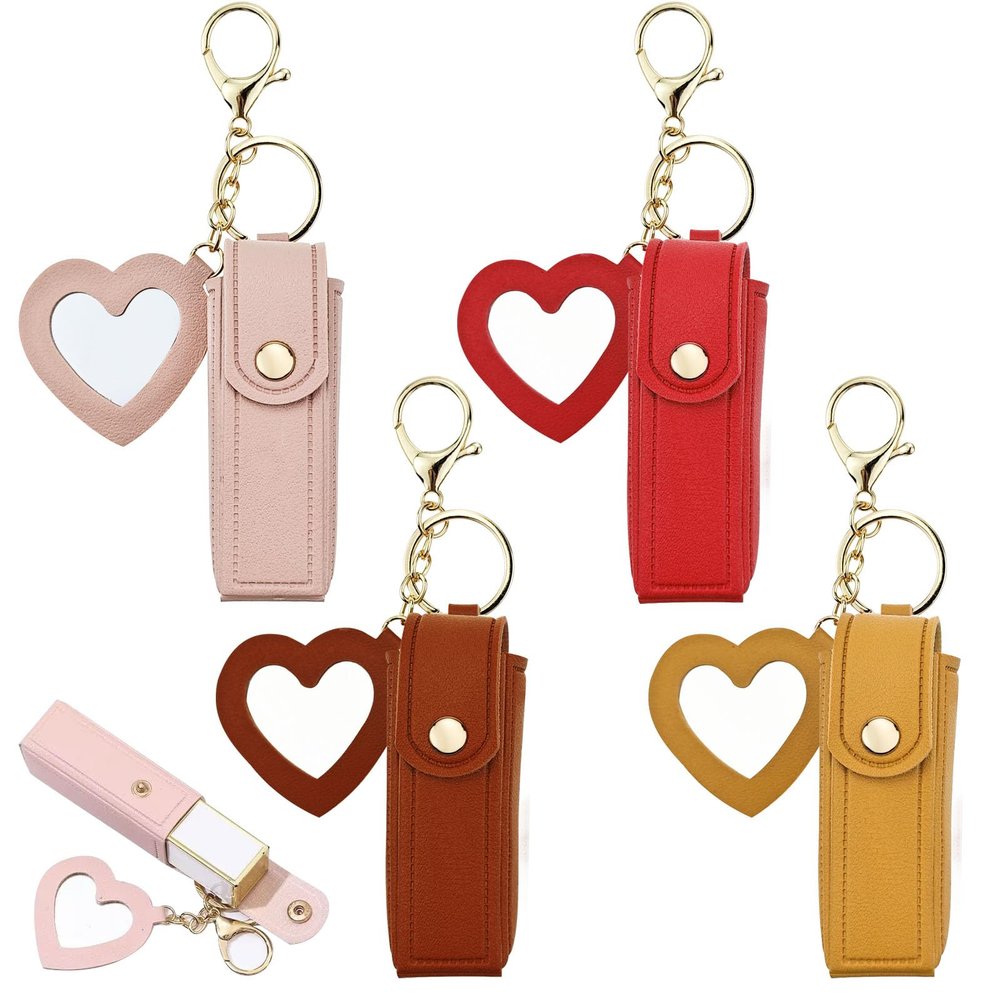 Arvintas 4 PACK PU Leather Potable Chapstick Holder Key Chain Bulk with Mirror, Lipstick Keychain, Lip Balm Organizer Holder Lipstick Travel Makeup Storage Case for Women Girls (Style 2)