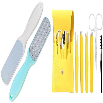 2 Pcs Double Sided Multidirectional Nickel Foot File Callus Remover Heel Scraper Foot Scrub Care Tool and 6 PCS Eyebrow Tweezers Set with PU Case