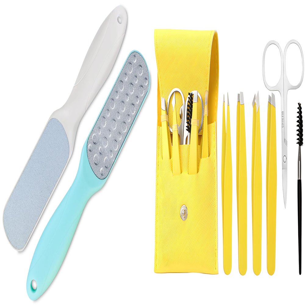 2 Pcs Double Sided Multidirectional Nickel Foot File Callus Remover Heel Scraper Foot Scrub Care Tool and 6 PCS Eyebrow Tweezers Set with PU Case