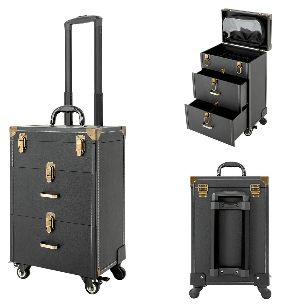BANEBONE Rolling Makeup Train Case | 3-Tier Professional Cosmetic Organizer | 14.2"x9"x19.3" with Telescopic Handle & Lockable Wheels, for Traveling Artists, Large Capacity Storage