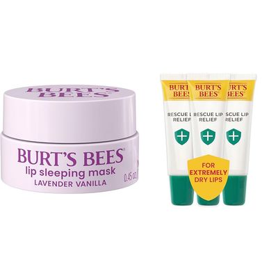 Burt's Bees Lavender Vanilla Lip Sleeping Mask and Rescue Lip Relief Lip Balm Bundle, 0.45 oz. and 3 Tubes 0.35 oz.