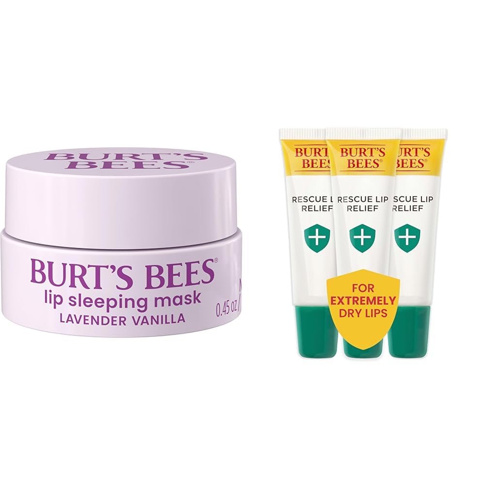 Burt's Bees Lavender Vanilla Lip Sleeping Mask and Rescue Lip Relief Lip Balm Bundle, 0.45 oz. and 3 Tubes 0.35 oz.