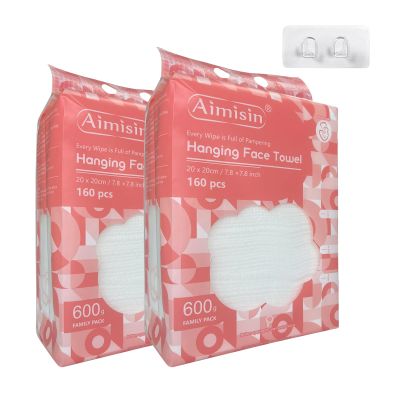 Aimisin 2 Packs Hanging Disposable Face Towel, 160 Count/Pack Ultra-Soft & Thick Dry Wipes for Skin Care, Makeup Remover and Cleansing (Family Pack)