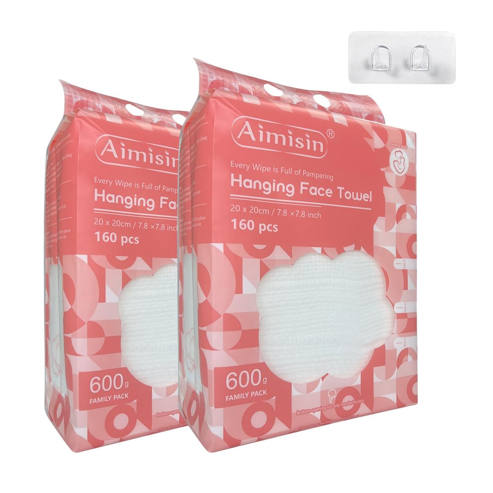 Aimisin 2 Packs Hanging Disposable Face Towel, 160 Count/Pack Ultra-Soft & Thick Dry Wipes for Skin Care, Makeup Remover and Cleansing (Family Pack)