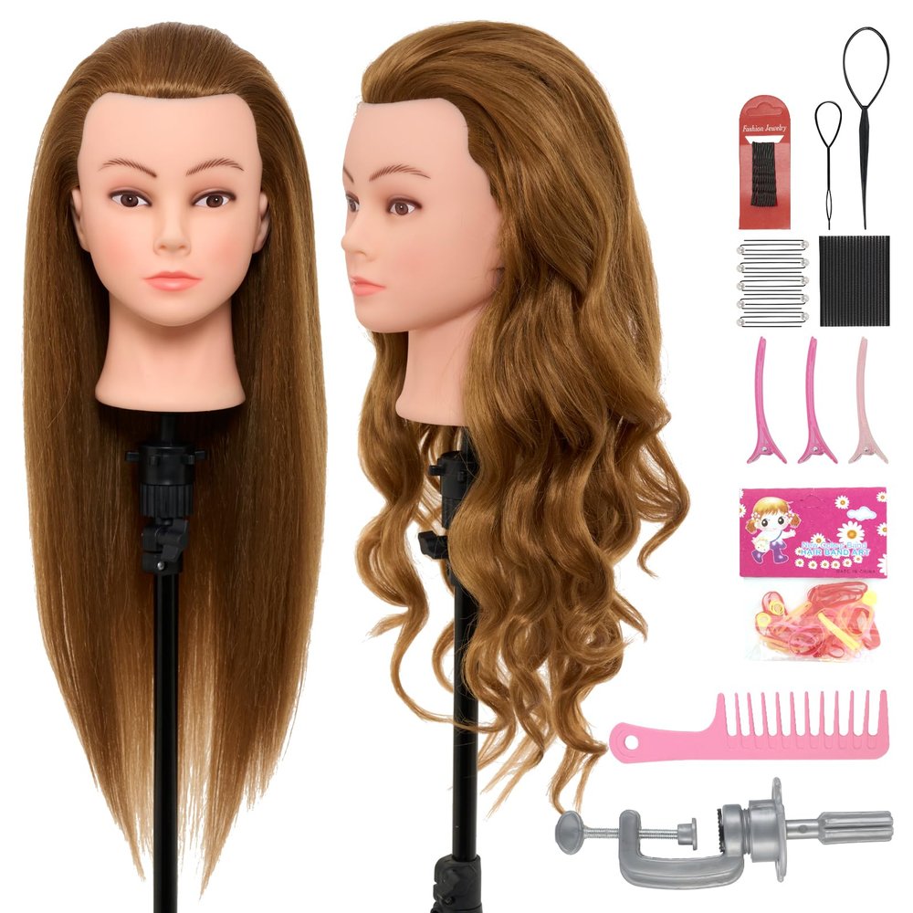 28Inch Mannequin Head with 80% Real Human Hair - Doll Head for Hair Styling Braiding Curling,Cosmetology Mannequin Head with hair with Table Clamp Hair Styling Set (Blonde)