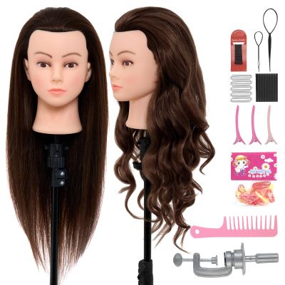 28Inch Mannequin Head Human Hair 80% Real Hair - Mannequin Head Cosmetology with Hair Doll head for hair Styling Braiding Curling, with Table Clamp Styling Set (Dark Brown)