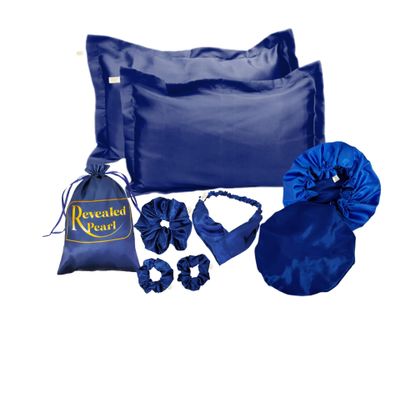 Revealed Pearl Natural hair essentials reversible and adjustable Satin bonnet, satin pillowcases, satin Scrunchies and headband set of 8 pieces (Dark blue/Royal blue)
