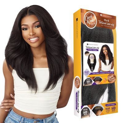 Sensationnel Curls Kinksandco Kinkyedges Wig - Kinky Layered Blow Out 22 Inch 13X6 Lace Frontal Natural Kinkytexture Edged Hairline for Natural 3C to 4C Hair Textures (1B OFFBLACK)