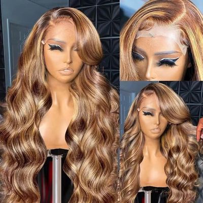 oulaer 13x6 Highlight Wavy HD Lace Frontal Human Hair Wigs 4/27 Color Ombre Body Wave Lace Front Wigs For Women Pre Plucked With Baby Hair Glueless Brazilian Remy Hair 150% Density 22Inch