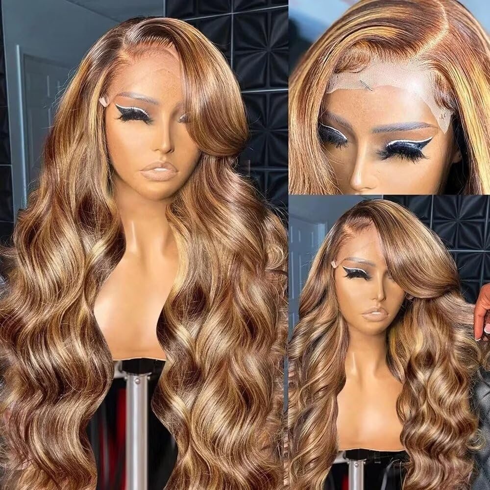 oulaer 13x6 Highlight Wavy HD Lace Frontal Human Hair Wigs 4/27 Color Ombre Body Wave Lace Front Wigs For Women Pre Plucked With Baby Hair Glueless Brazilian Remy Hair 150% Density 22Inch