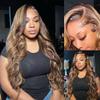 oulaer 13x6 Highlight Wavy HD Lace Frontal Human Hair Wigs 4/27 Color Ombre Body Wave Lace Front Wigs For Women Pre Plucked With Baby Hair Glueless Brazilian Remy Hair 150% Density 22Inch view 4