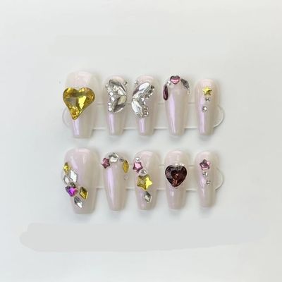 Handmade wearing armor, silver glitter, spicy girl manicure, European and American long pointed nail shape(Color:Star,Size:L)