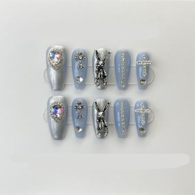 Handmade wearing armor, silver glitter, spicy girl manicure, European and American long pointed nail shape(Color:Saturn,Size:L)