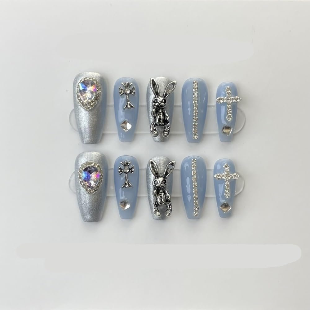 Handmade wearing armor, silver glitter, spicy girl manicure, European and American long pointed nail shape(Color:Saturn,Size:L)
