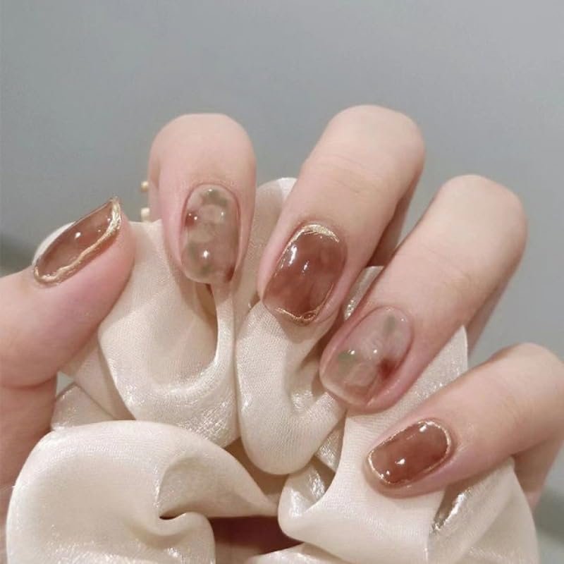 Handmade nail patches, finished milk coffee, halo dyeing, ice permeating, wearing, nail nails(Size:S)