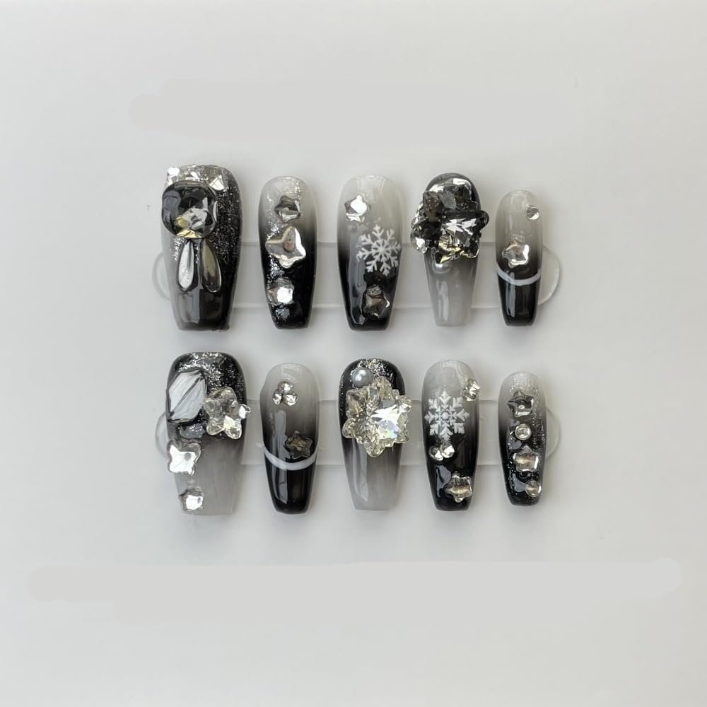 Handmade wearing armor, silver glitter, spicy girl manicure, European and American long pointed nail shape(Color:Snow,Size:L)