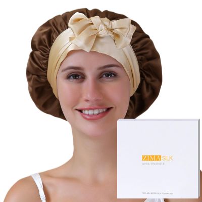 ZIMASILK 100% Mulberry Silk Bonnet for Sleeping Women Double Layer Hair Wrap with Silk Tie Band Natural Cap for Hair Care Stay on Head (1Pc, Chocolate + Champagne)