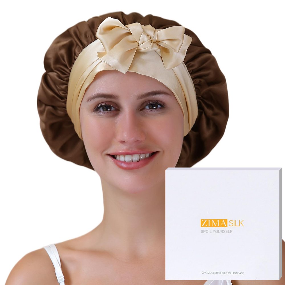 ZIMASILK 100% Mulberry Silk Bonnet for Sleeping Women Double Layer Hair Wrap with Silk Tie Band Natural Cap for Hair Care Stay on Head (1Pc, Chocolate + Champagne)