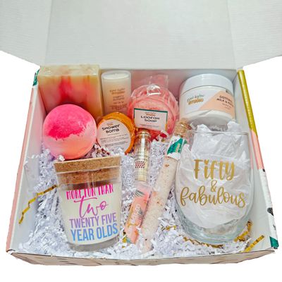 50th Birthday Large Spa Gift Box, Handmade Unique Birthday Basket, Fifty and Fabulous Self Care Gift Set for Women, Best Friend Relaxation Gift Idea (It's A Vibe)
