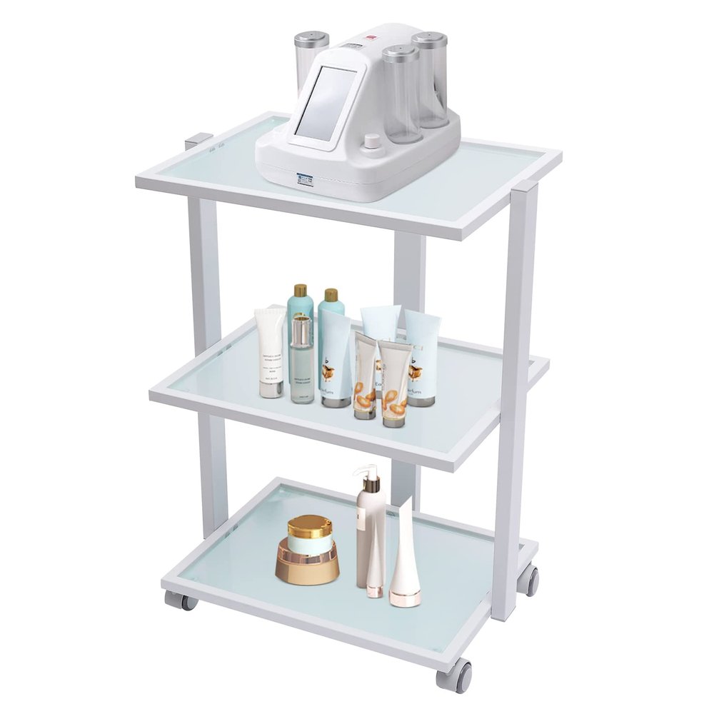 3 Tier Salon Trolley Cart, Rolling Cart, Glass Tray&Metal Frame Treatment Beauty Trolley, Rolling Service Spa Equipment Storage Holder Utility Tray with 4 Universal Wheels