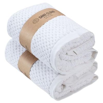 Sand Cloud Turkish Bath Towels for Bathroom, Set of 2 (Atom White, Extra Large) - Soft Linen Turkish Organic Cotton Yarn is Luxurious & Absorbent - Premium Shower & Bathroom Towels Dry Faster