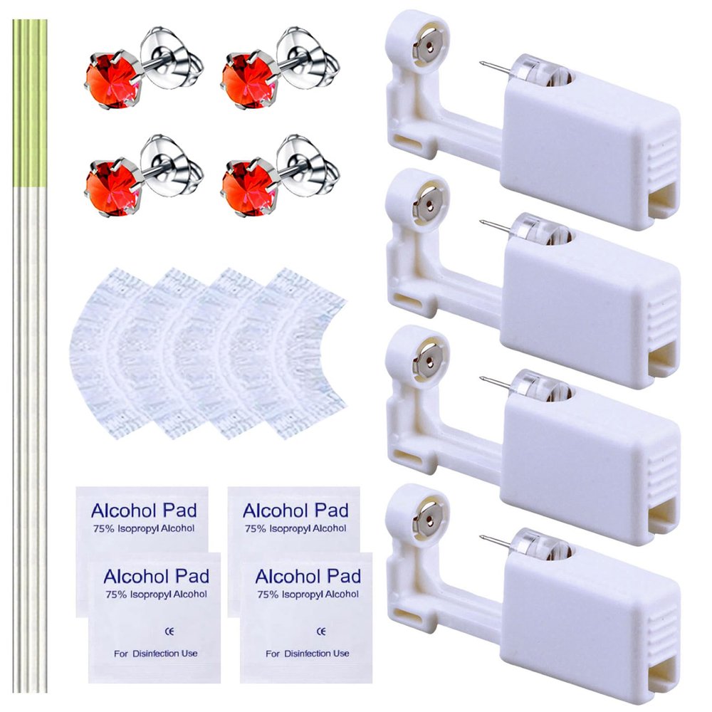 20 Pcs Ear Piercing Kit, Disposable Ear Piercing Gun Kit with 4 Pcs Self Piercing Gun, 4 Pcs Earrings Stud & Cleaning Tools(519 Crown Red Zircon 5mm)