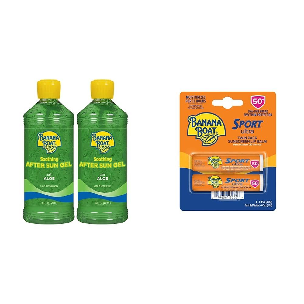 Banana Boat Soothing After Sun Gel with Aloe Twin Pack 16oz each & Sport Ultra SPF 50 Lip Sunscreen Twin Pack Travel Size Sunscreen for Lips 2 Pack