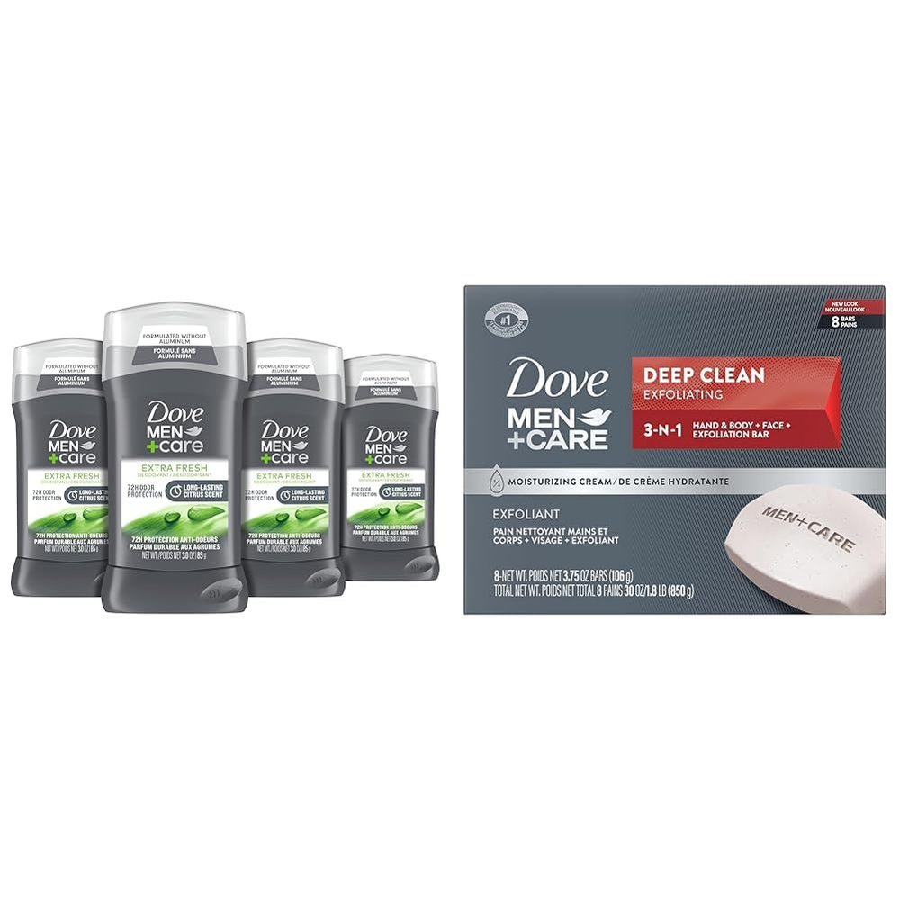 Dove Men + Care Deodorant Stick Pack of 4 with 72-Hour Odor Protection and Dove Men+Care Deep Clean Bar Soap Pack of 8