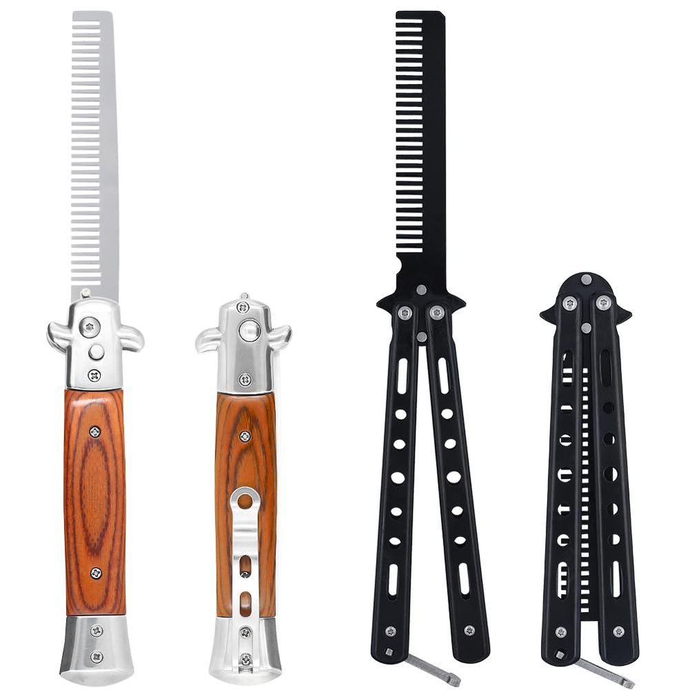 2 Pieces Automatic Switch Folding Practice Combs, Stainless Steel Butterfly Comb, Switchblades Comb, Outdoor Training Pocket Combs, Hair Brush for Beard, Mustache, Hair Styling Tools