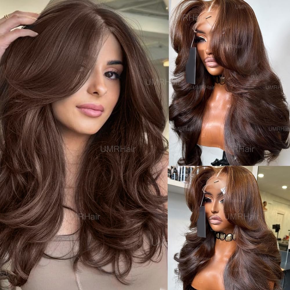 Dark Brown Curtain Bangs Layered Human Hair 13X6 Lace Front Wig for Women 13X6 Deep Part Glueless Long Wig with Curtain Bangs Loose Wave Wig Natural Hairline 24inch 150Density