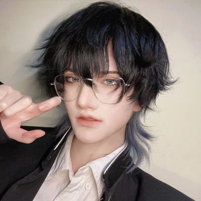 SCORRO Short Straight Wig with Colorblocked, Black-white Dyed,Black with Pink/purple/blue Layered Hair,Wolf-tailed Mullet Head Hairstyle,Daily Wig with Bangs Unisex Wigs (Black+gray blue)