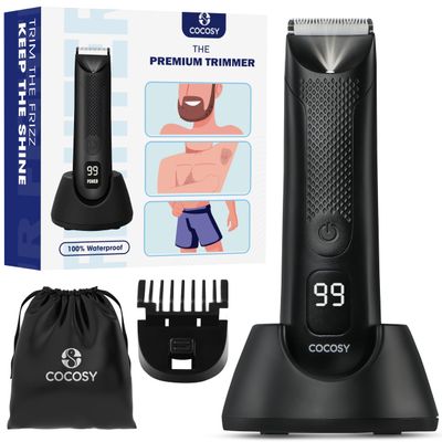 COCOSY Body Hair Trimmer for Men - Ball Trimmer, Ceramic Blade, Waterproof Electric Groin Hair Trimmer with Standing Recharge Dock & Travel Pouch, Male Hygiene Razor