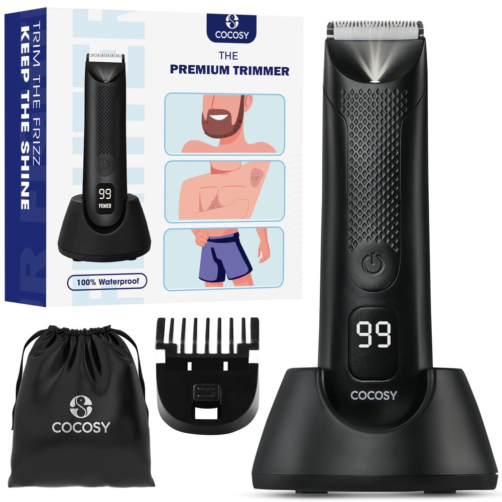 COCOSY Body Hair Trimmer for Men - Ball Trimmer, Ceramic Blade, Waterproof Electric Groin Hair Trimmer with Standing Recharge Dock & Travel Pouch, Male Hygiene Razor