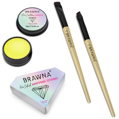 BRAWNA Pro PMU Mapping Kit for Eyebrows and Lips, 1 Contour Yellow Mapping Paste, 1 White Mapping String, 1 Angled Eyebrow Brush