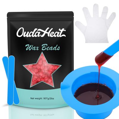 2lb Hard Wax Beads, Stripless Wax Bead for Sensitive Skin, Professional Brazilian Waxing Beads, Bikini, Body, Face, Legs, Back, Chest, Coarse Hair Removal, At-Home Salon, 1 Silicone Pot and 5 Sticks
