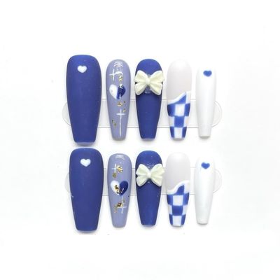 Full Diamond Nail Decoration Dove Bridal Wedding Nail Handmade Wearing Nail Decoration Removable False Nail Patch(Blue,XS)