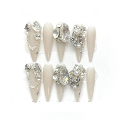 ZIIVIEVS Full Diamond Nail Decoration Dove Bridal Wedding Nail Handmade Wearing Nail Decoration Removable False Nail Patch(White,S)