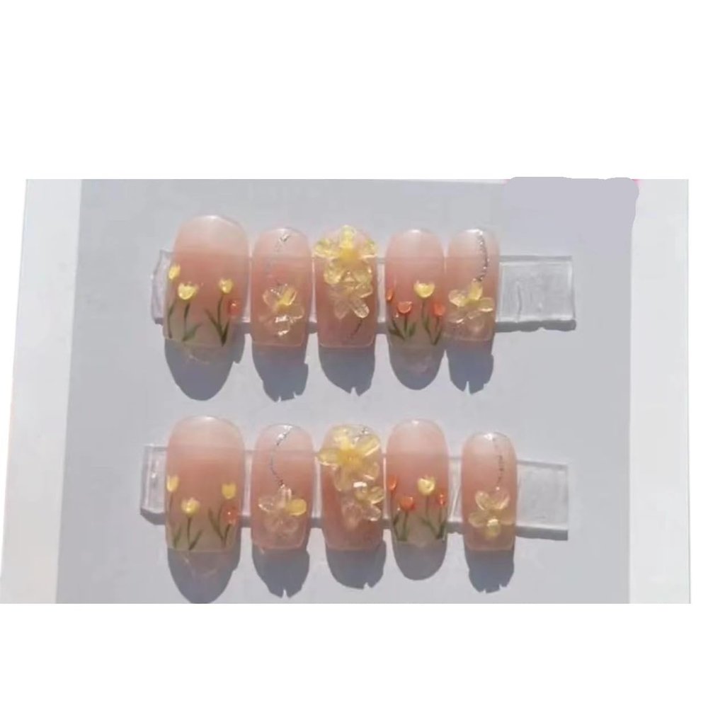 Summer hand-painted tulip nail patches for beautiful wearing and refreshing mid to long nails(Square,Xs)