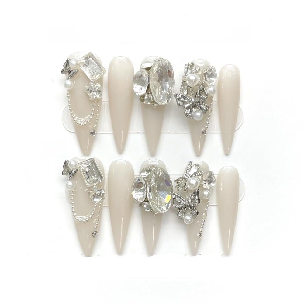 Full Diamond Nail Decoration Dove Bridal Wedding Nail Handmade Wearing Nail Decoration Removable False Nail Patch(White,L)