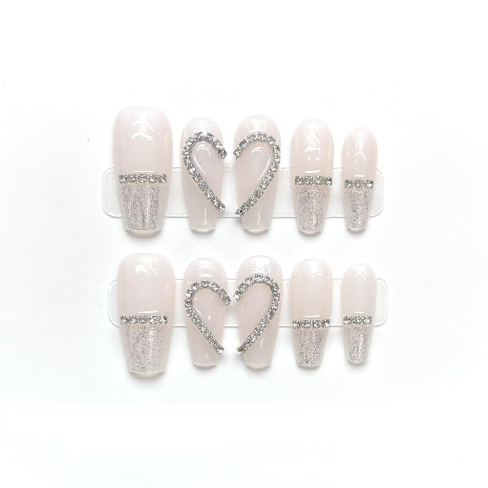 Full Diamond Nail Decoration Dove Bridal Wedding Nail Handmade Wearing Nail Decoration Removable False Nail Patch(Light Pink,L)