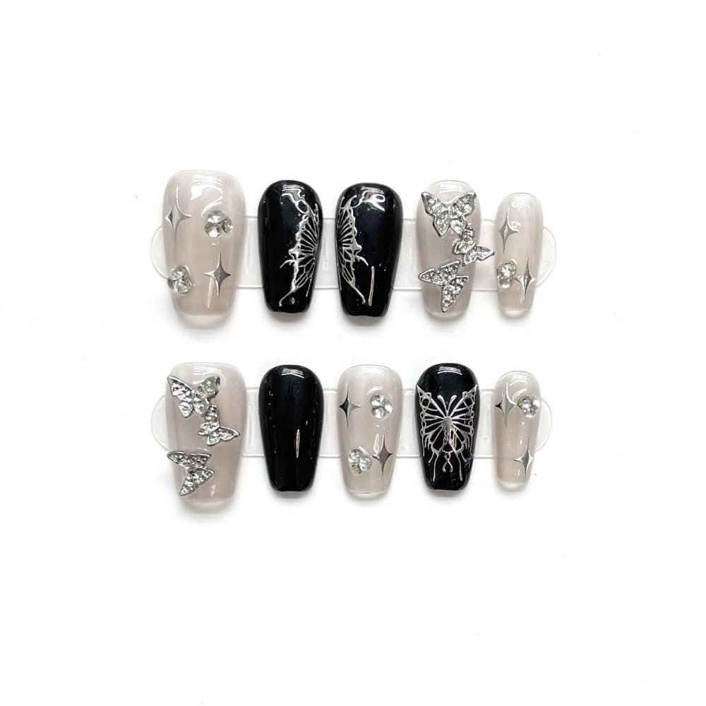 Full Diamond Nail Decoration Dove Bridal Wedding Nail Handmade Wearing Nail Decoration Removable False Nail Patch(Black,M)