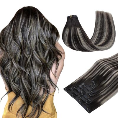 MAXITA Seamless Hair Extensions Real Human Hair Clip ins Natural Black Mixed Silver Human Hair Invisible PU Skin Weft Natural Remy Human Hair Extensions,16 Inch 110g 7pcs
