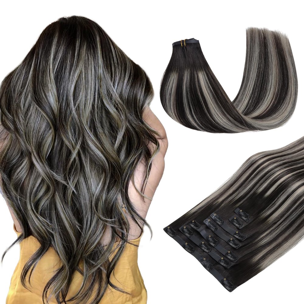 MAXITA Seamless Hair Extensions Real Human Hair Clip ins Natural Black Mixed Silver Human Hair Invisible PU Skin Weft Natural Remy Human Hair Extensions,16 Inch 110g 7pcs