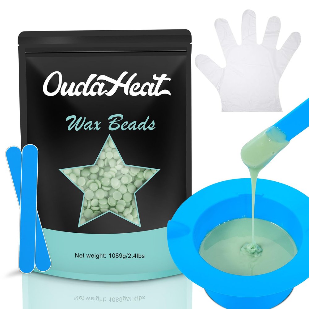 2.4 lb Hard Wax Beads Bulk, Professional Rosin-Free Brazilian Waxing Bead, Hypoallergenic Hair Removal Wax Bead for Sensitive Skin, Body, Bikini, Legs, Wax Beans Refill, 1 Silicone Pot and 5 Sticks